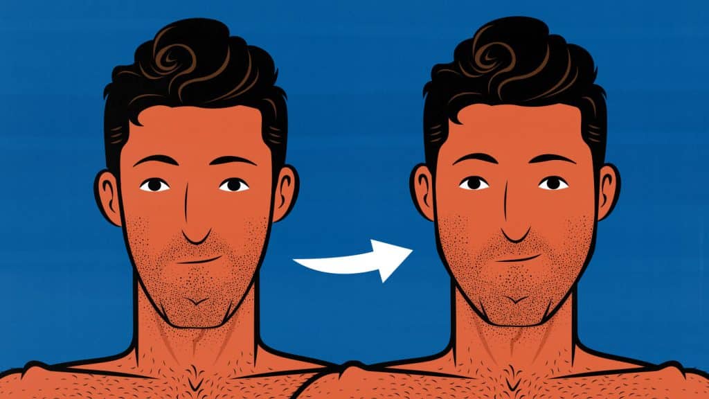 Before and after illustration showing a man bulking up his jawline by chewing tough mastic gum.