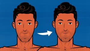 Before and after illustration showing a man bulking up his jawline by chewing tough mastic gum.