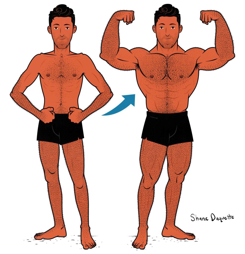 Before and after illustration of a skinny guy bulking up his jawline.