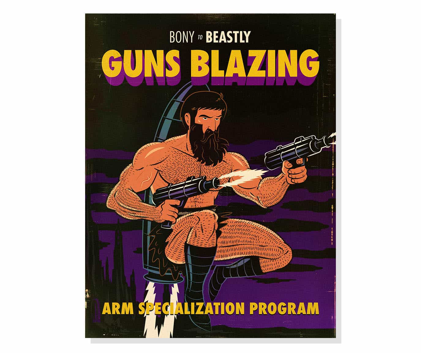 Illustrated book cover for the Guns Blazing arm specialization program.