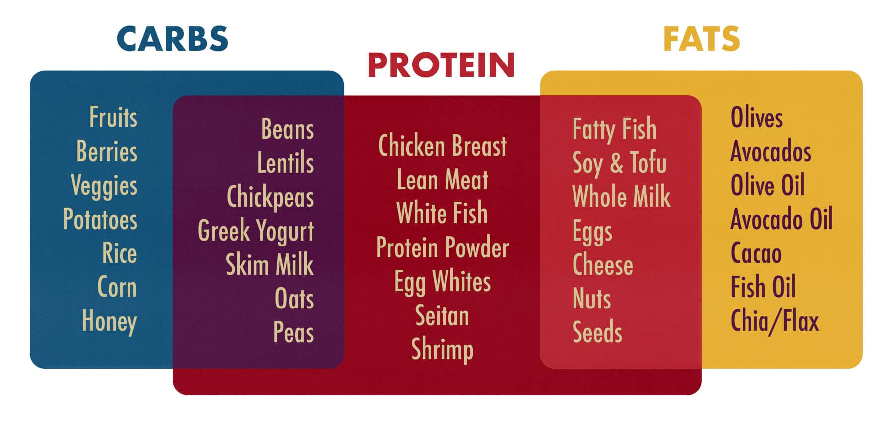 Diagram showing the best food sources for all three macronutrients: protein, carbs, and fat.