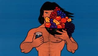 Illustration of a fit man comparing a fruit smoothie to a bowl of whole fruit.