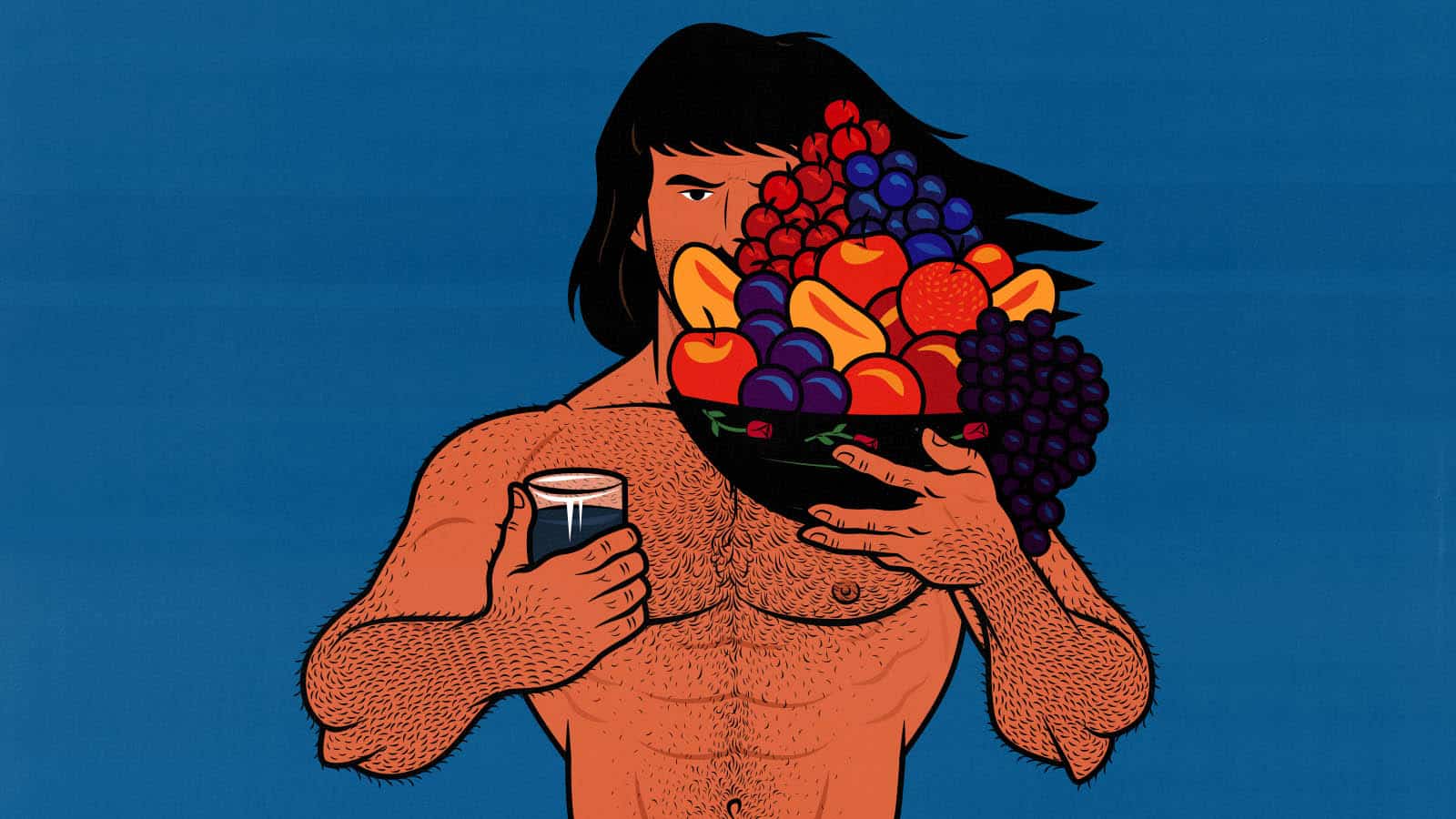 Illustration of a fit man comparing a fruit smoothie to a bowl of whole fruit.