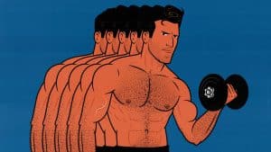 Illustration showing a bodybuilder doing 10–20 sets of biceps curls per week to build bigger biceps.