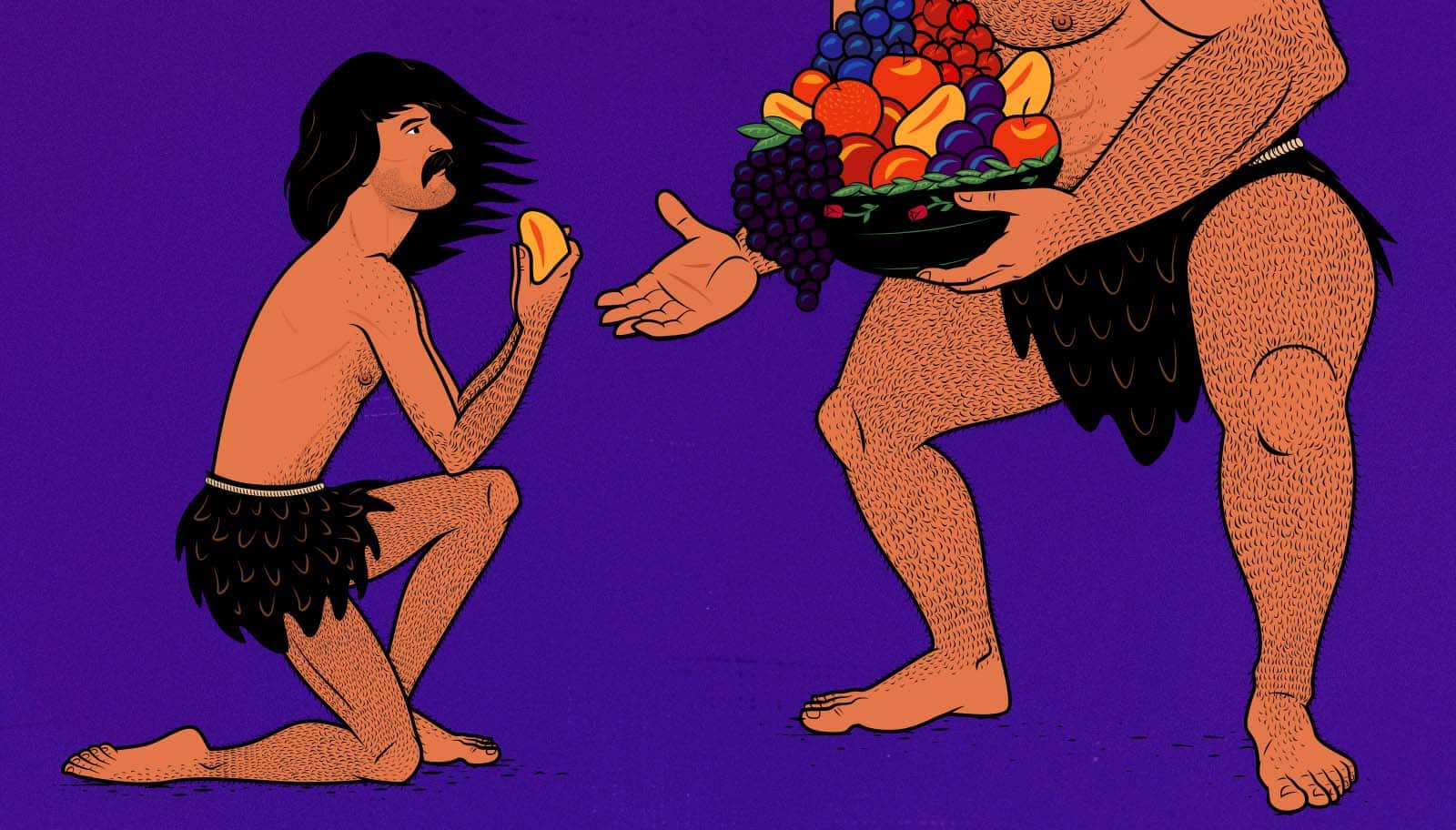 Illustration of a skinny barbarian having his mango stolen by a giant barbarian man.