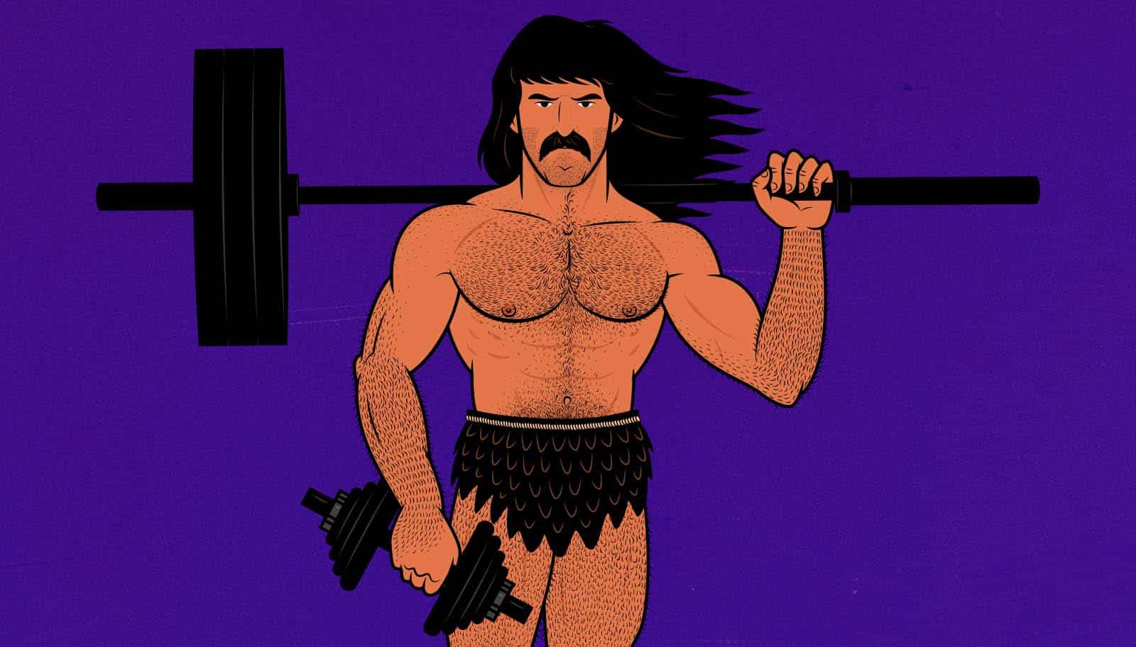 A muscular barbarian man holding a barbell and a dumbell.