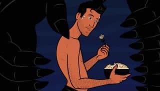 Illustration of a skinny guy eating carbs, worried he'll get type 2 diabetes.