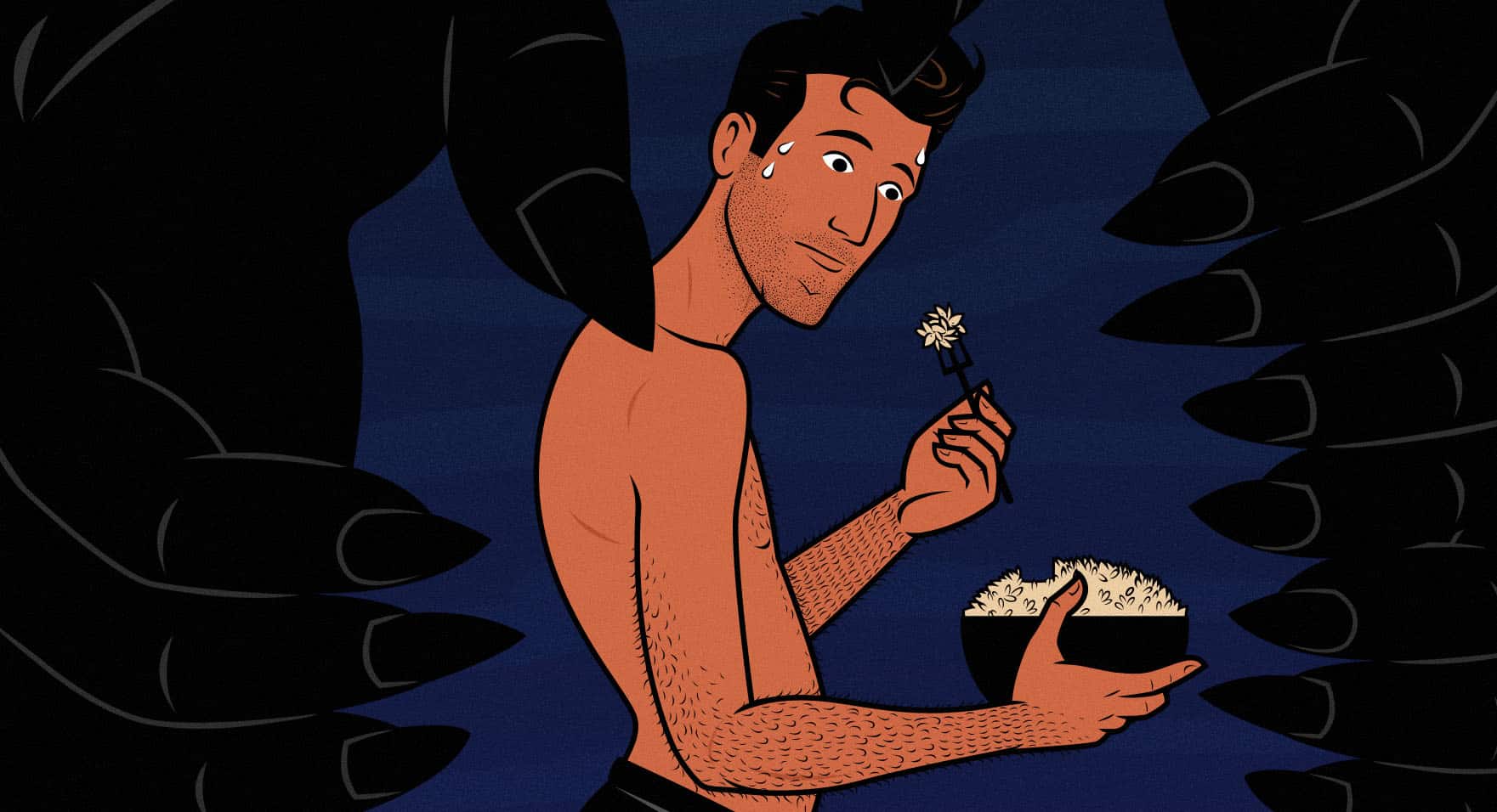 Illustration of a skinny guy eating carbs, worried he'll get type 2 diabetes.