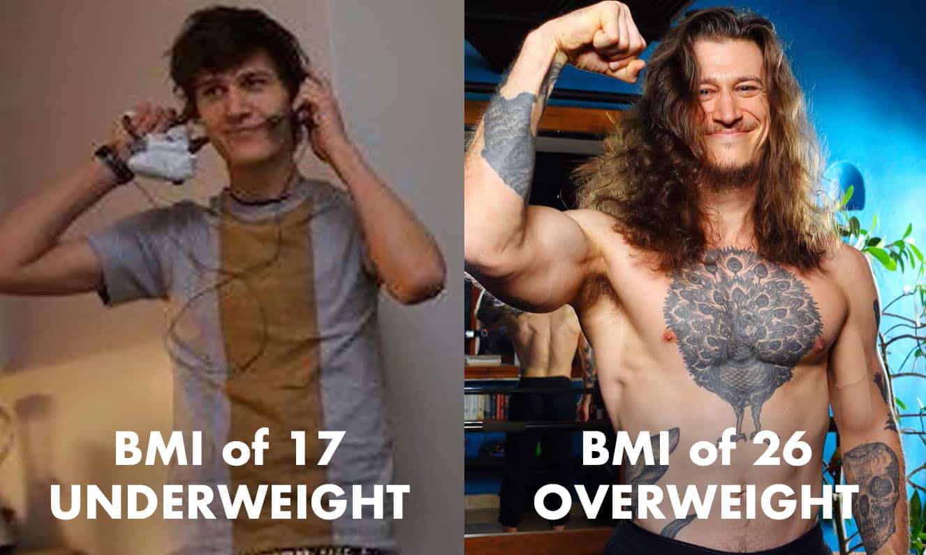 Comparison showing a man with an underweight BMI (17 BMI) and an overweight BMI (26 BMI).