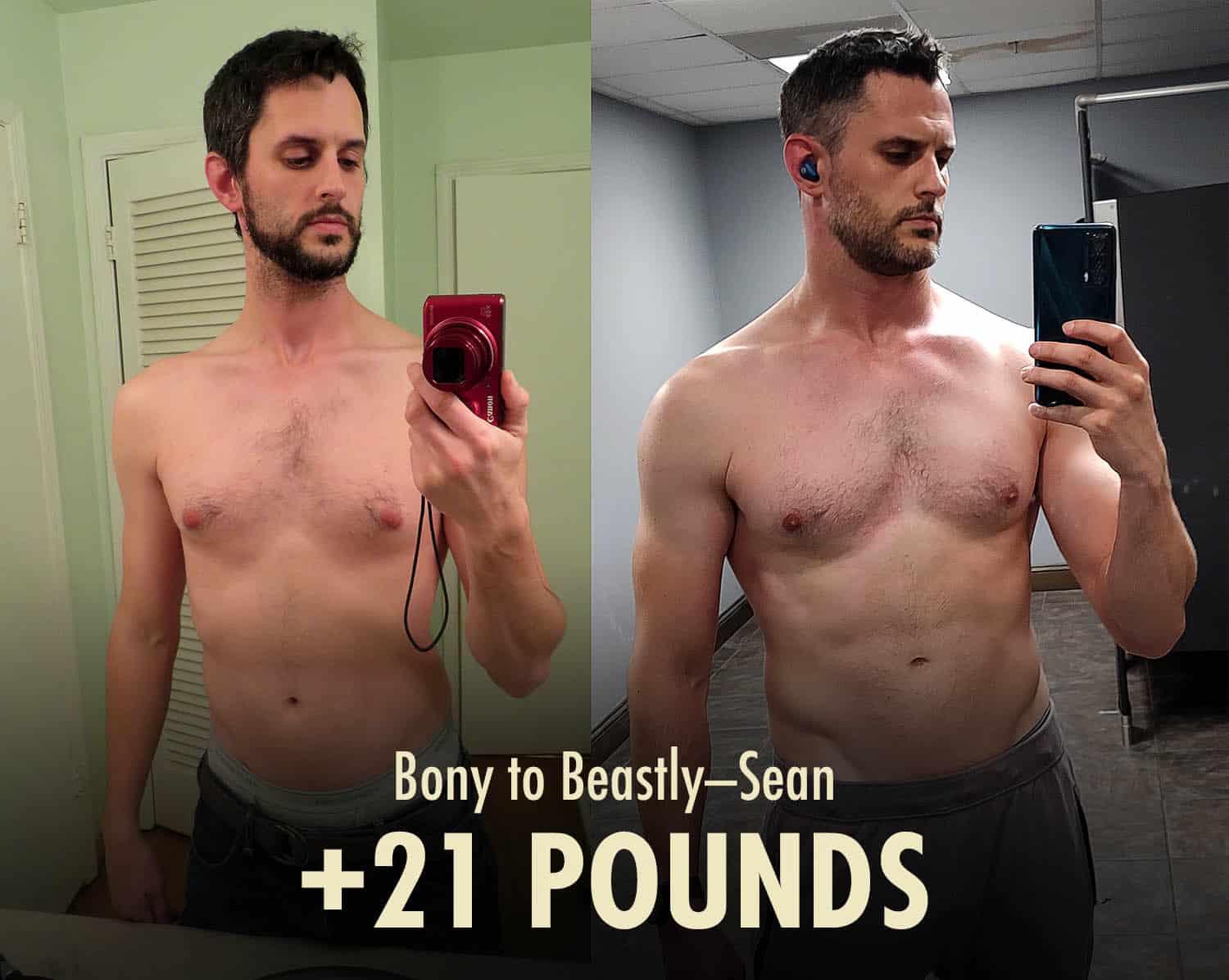 Before and after photo showing a man building muscle with the Bony to Beastly Program.