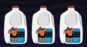 Illustration of gallon jugs of whole-fat milk.