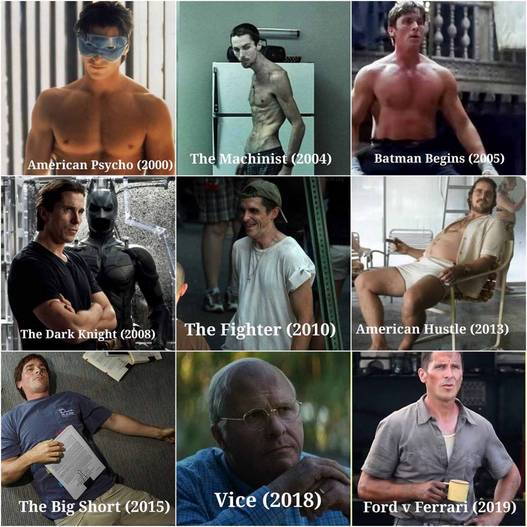 Before and After photos showing Christian Bale gaining and losing weight for various Hollywood movie roles.