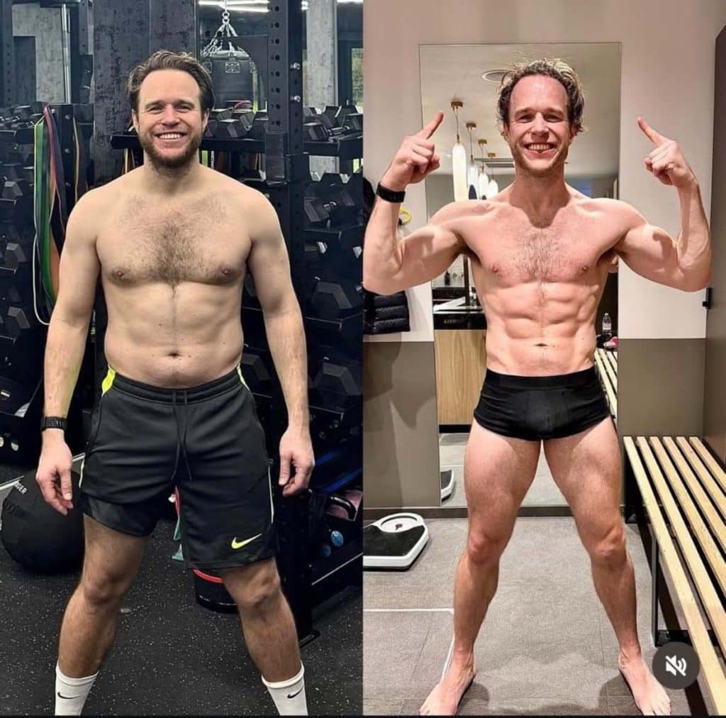 Before and After photo of Olly Murs losing fat and building muscle.