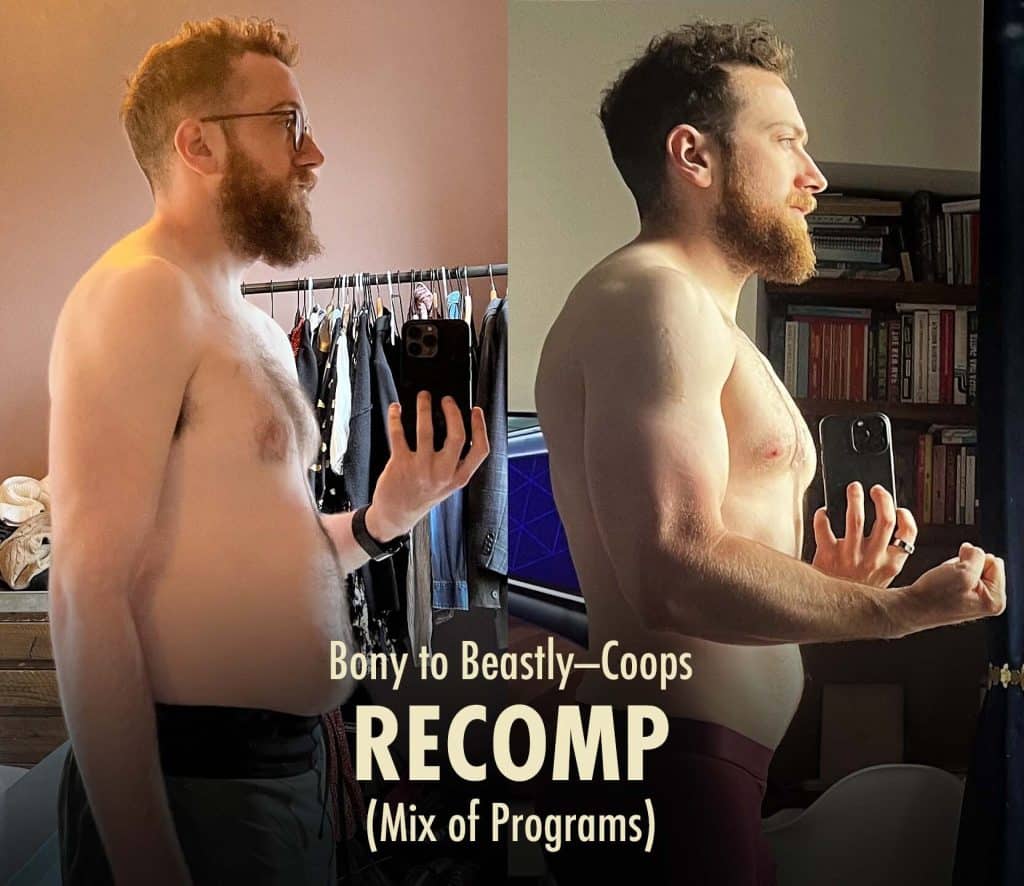 A before and after photo from the Bony to Beastly Program showing a body recomposition transformation from bulking and cutting.