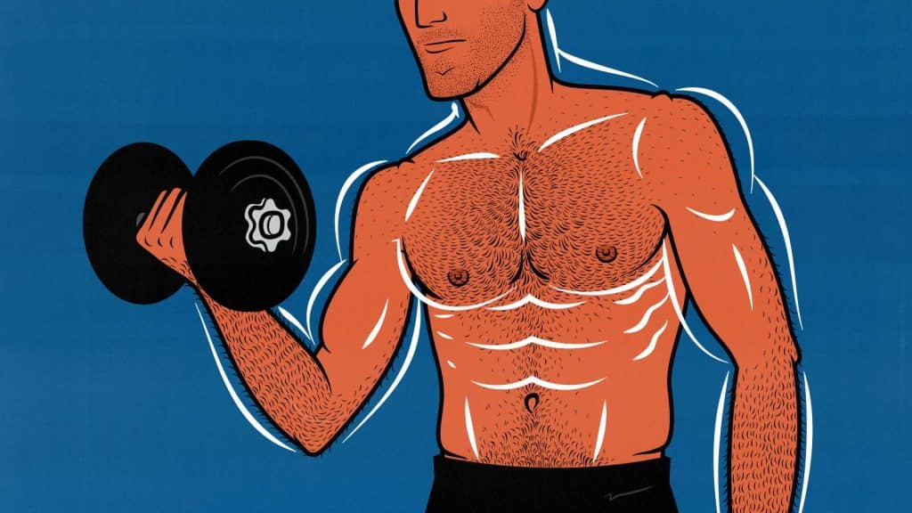 Illustration of a beginner doing a dumbbell workout to build muscle.