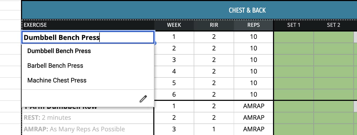 Picture of the Google Sheet workout spreadsheet showing how to choose your exercise variations.