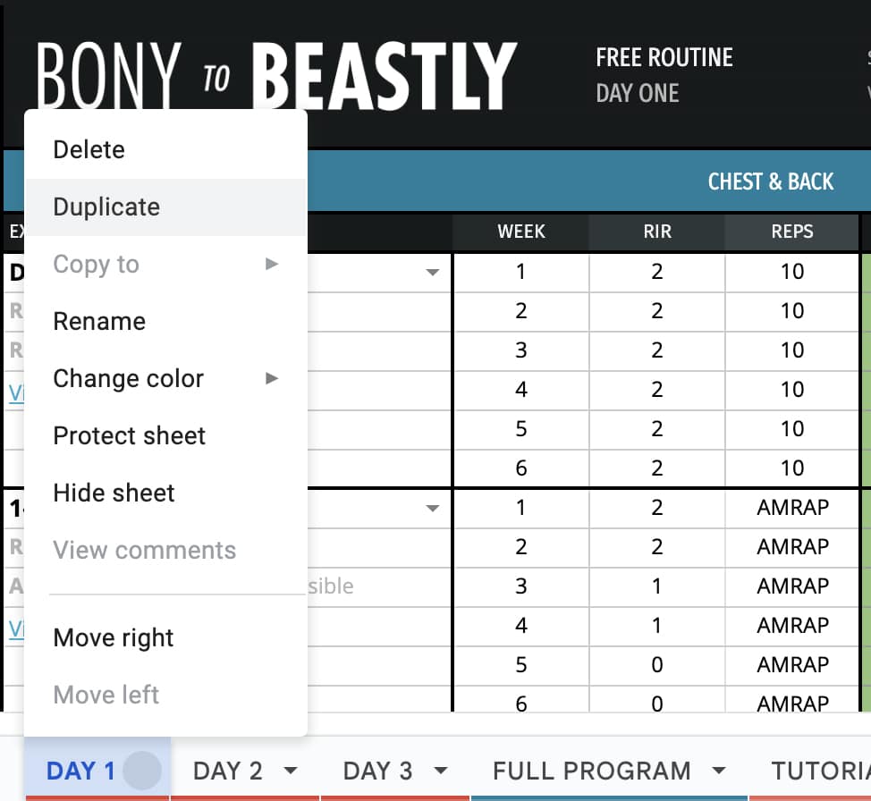 Image showing how to copy the different workout tabs in the workout tracker Google Sheets spreadsheet.