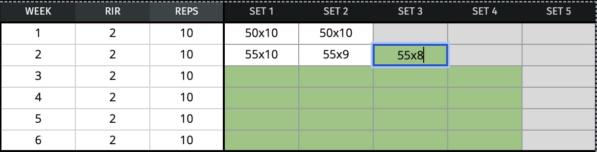 Image showing how to track and progressively overload your exercises in the Google Sheets workout template.