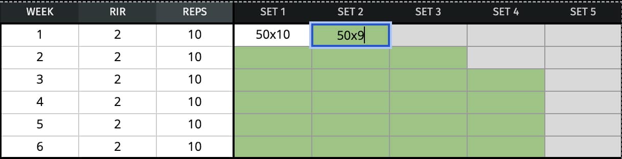 Image showing how to use the workout spreadsheets as a workout tracker, recording how much weight you lift and how many reps you get.