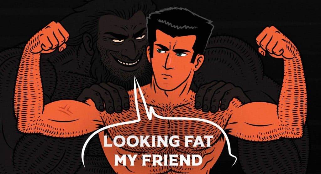 An imagine showing a demonic DEXA scan or BIA scale whispering into the ear of someone trying to build muscle, telling him his body fat percentage is rising.