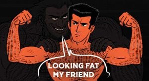 An imagine showing a demonic DEXA scan or BIA scale whispering into the ear of someone trying to build muscle, telling him his body fat percentage is rising.