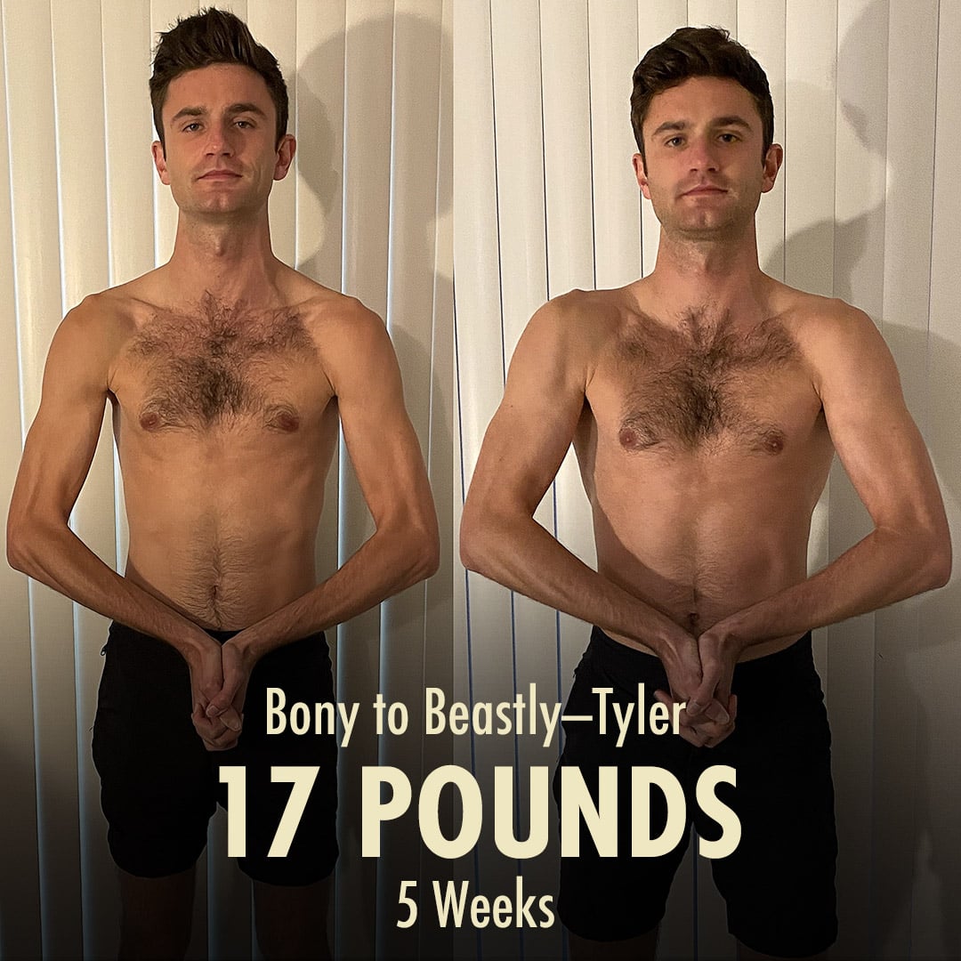 Before and after photo of a skinny guy bulking up with the Bony to Beastly Program. Front view.