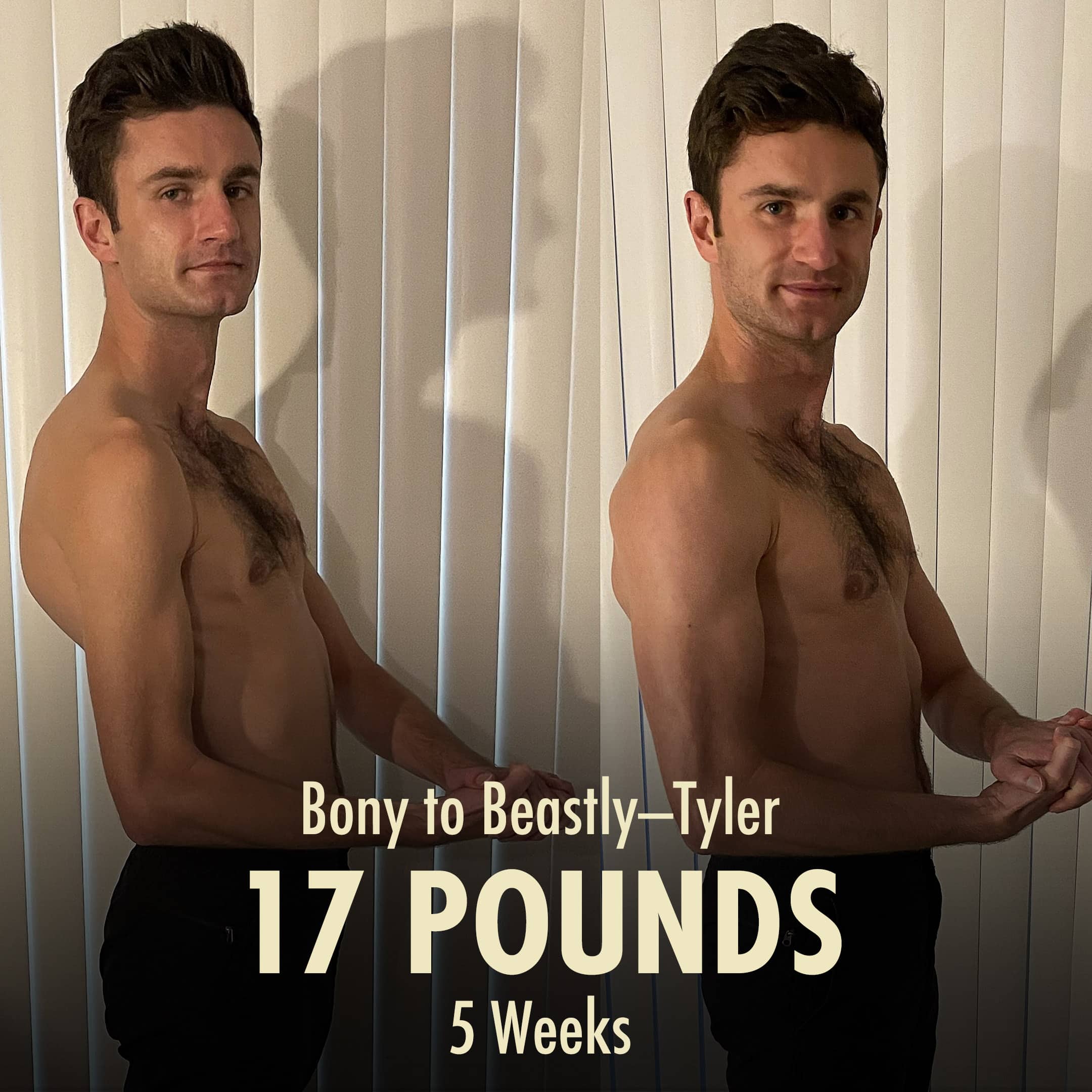 Before and after photo of a skinny guy bulking up with the Bony to Beastly Program. Side view.