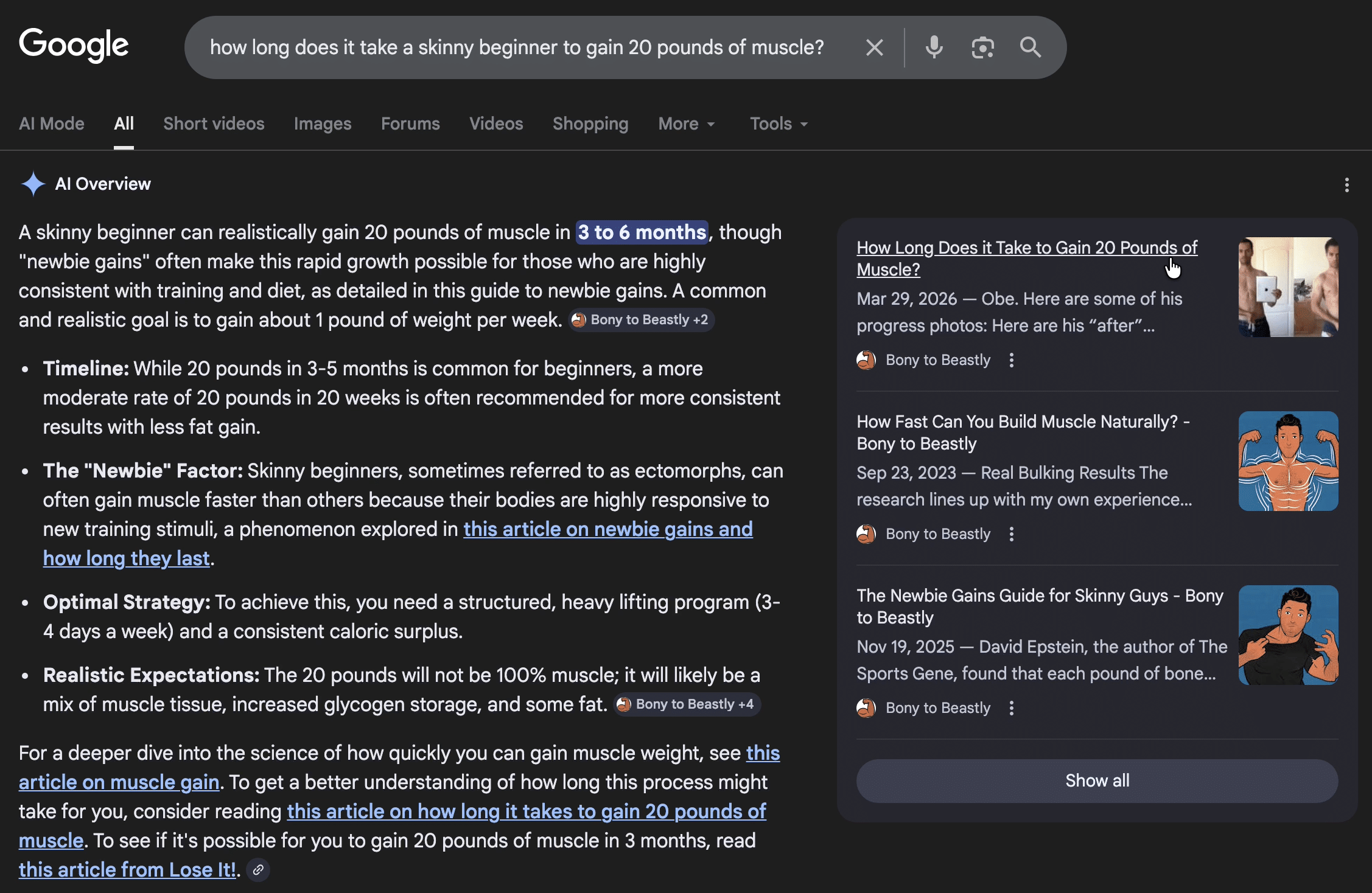 Google search results showing that Shane Duquette from Bony to Beastly seems to promise the fastest rates of muscle growth (for skinny beginners trying to bulk up).