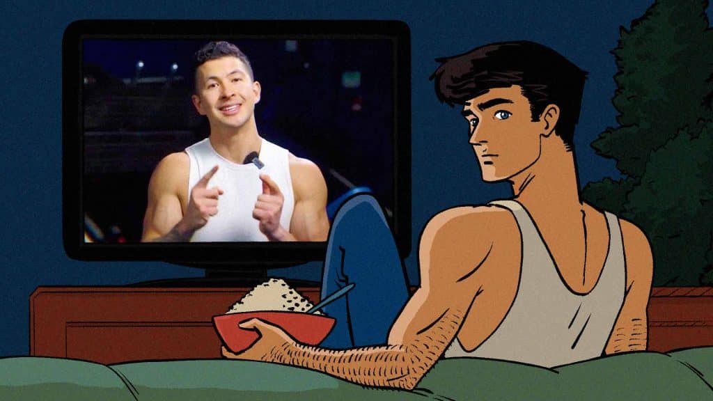 Illustration of a skinny guy who bulked up with the Bony to Beastly program being skeptical of Jeremy Ethier's muscle-building advice.