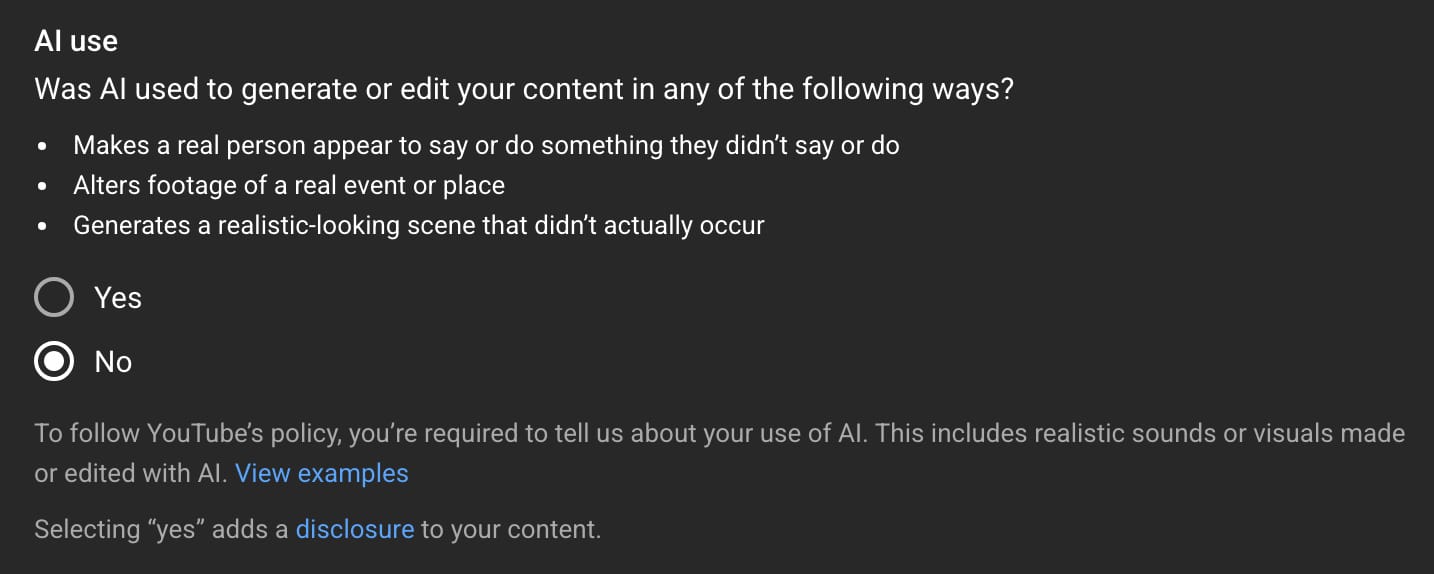 Image of YouTube's AI disclosure policy.