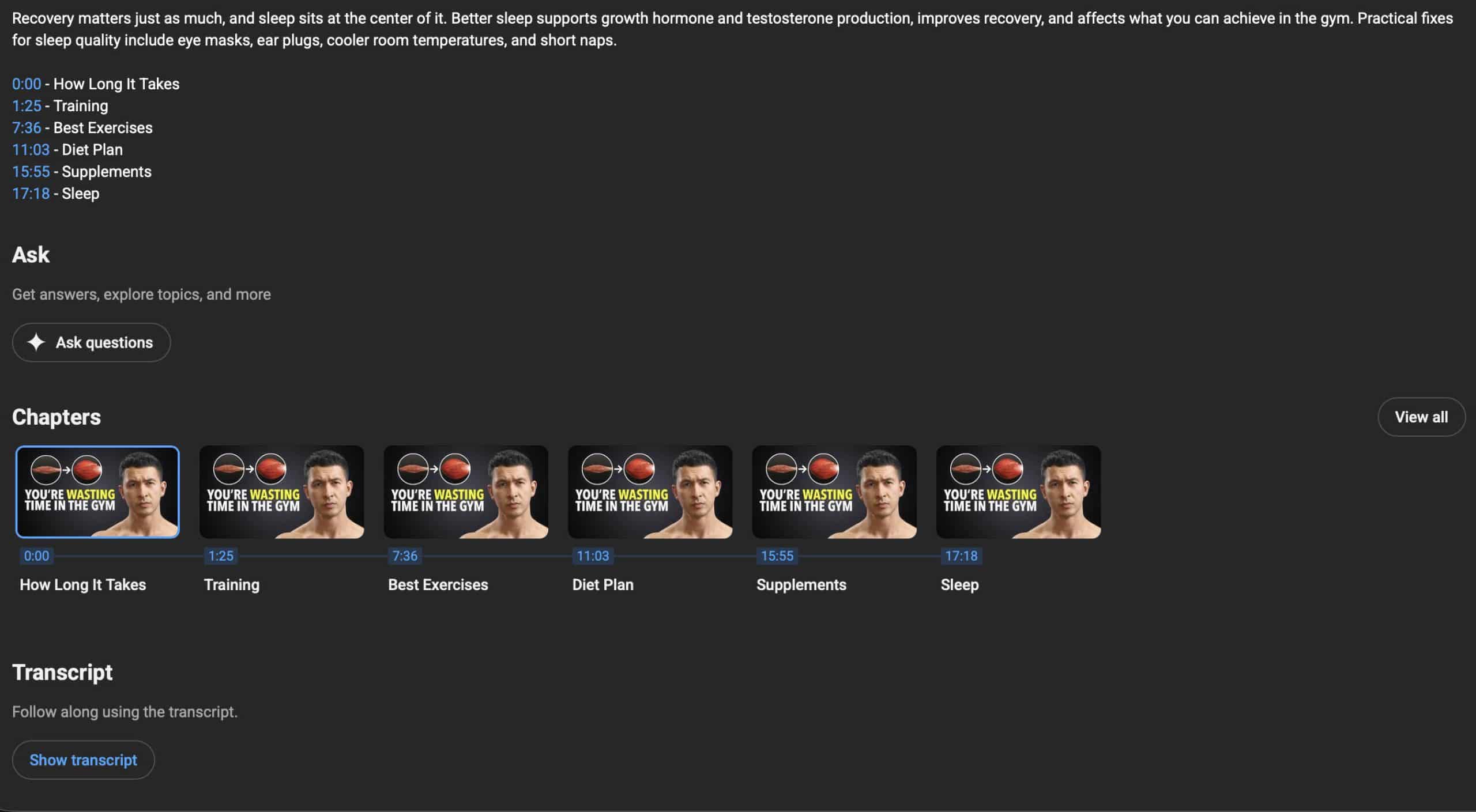 A screenshot showing that Jeremy Ethier didn't disclose the fake, AI-generated progress photos in his video about the fastest way to gain 20 pounds of muscle naturally.