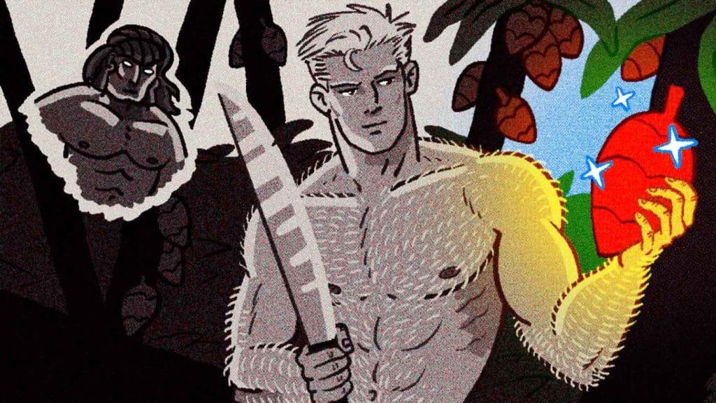 Shane Duquette hand-drawn illustration of a muscular blond man with a machete cutting a cacao pod from a tree in the Caribbean jungle.