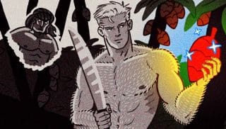 The Fear of Lead in Protein Powder & Cacao Shane Duquette hand-drawn illustration of a muscular blond man with a machete cutting a cacao pod from a tree in the Caribbean jungle.